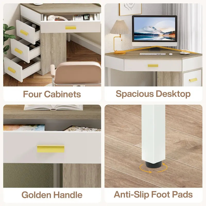 Corner Computer Desk with 4 Drawers and Metal Legs
