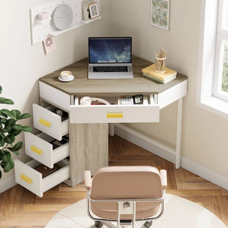 Corner Computer Desk with 4 Drawers and Metal Legs