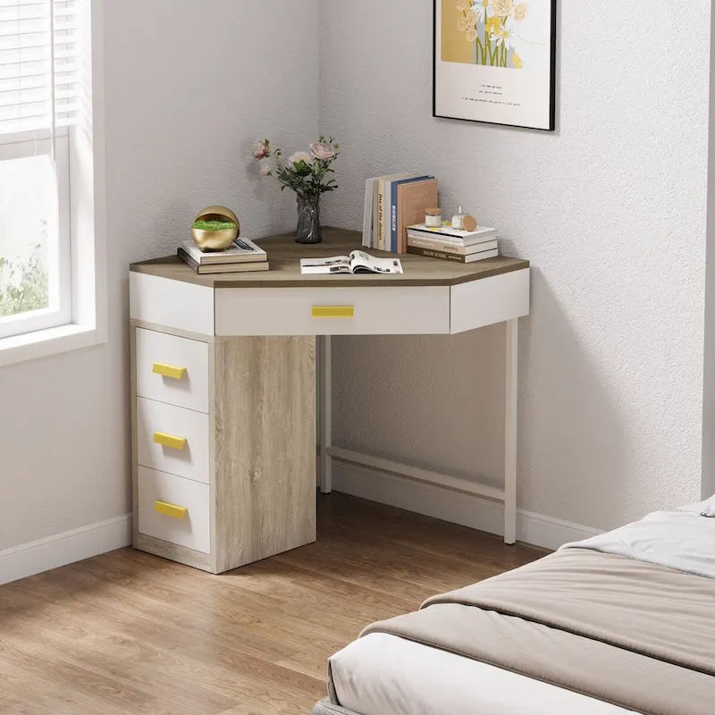 Corner Computer Desk with 4 Drawers and Metal Legs