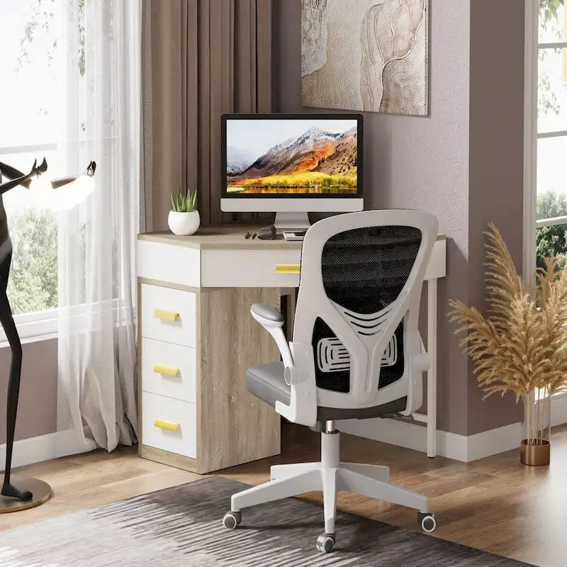 Corner Computer Desk with 4 Drawers and Metal Legs