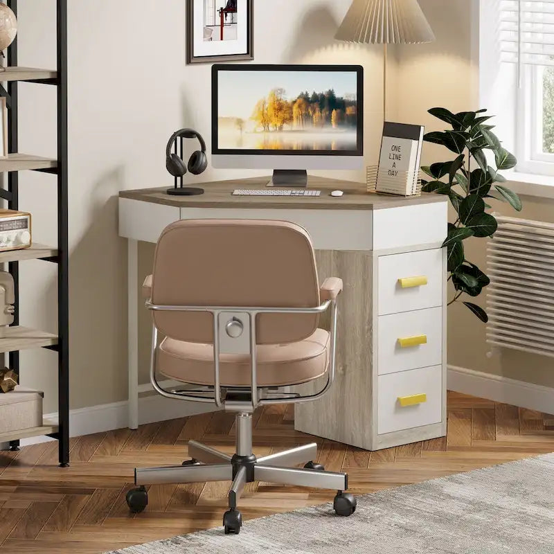 Corner Computer Desk with 4 Drawers and Metal Legs